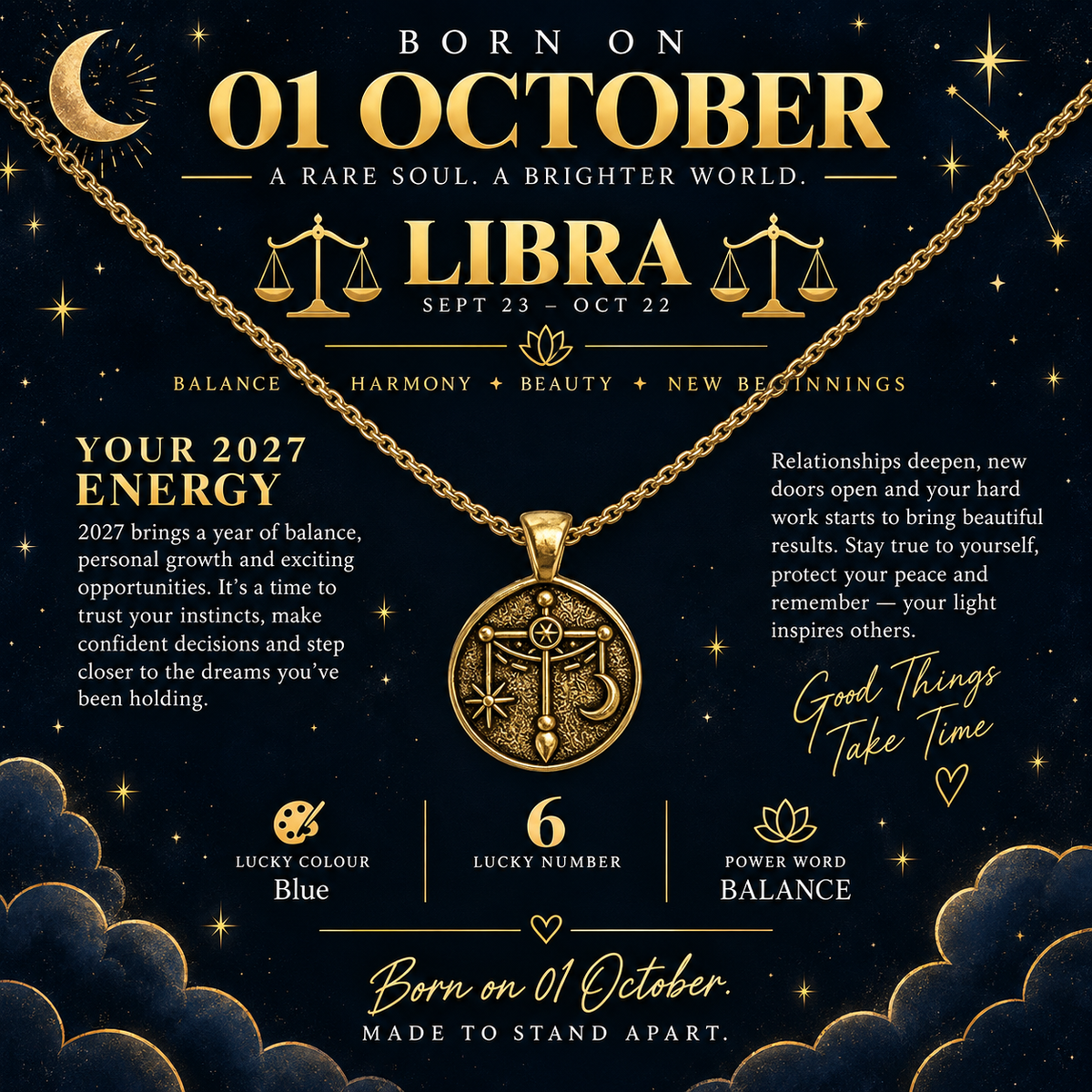 Born on 01 October – Libra 2027 Personalized Zodiac Necklace