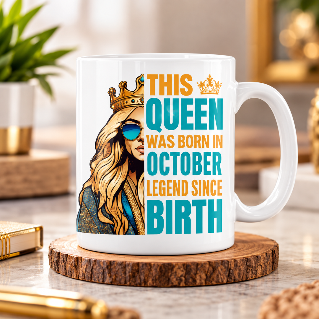 OCTOBER QUEEN WHITE COFFE MUG